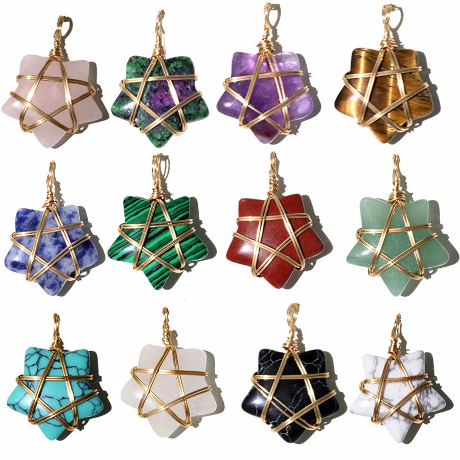 20Pcs Natural Stone Crystal Star Pendant Hand Wired Wrap Gemstone Charm for DIY Necklace Jewelry Making Christmas Gift accessory