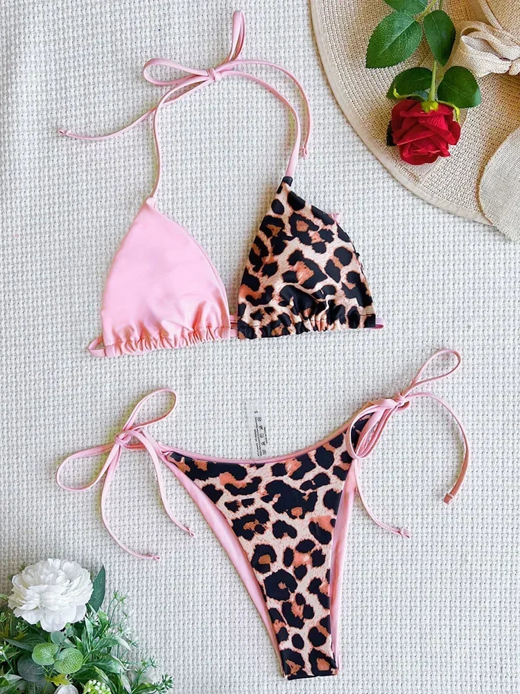 Halter Splicing Leopard Bikinis 2025 Satin Bikini Female Swimsuit Women Swimwear Two-pieces Bikini Set Micro Bathing Suit Swim