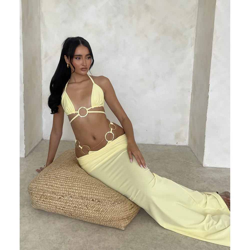 Sexy Solid 3 pieces Bikini Set With Long Skiirt Women Swimsuit 2024 Swimwear Bathing Suit Beachwear Sexy Bikinis Biquini female