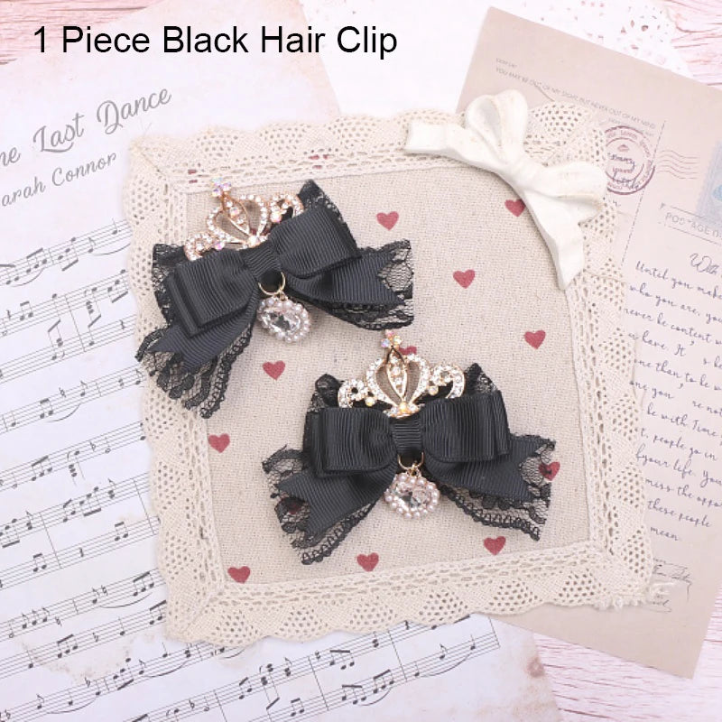 Kawaii Lo Bow Hair Accessories Headdress Girl Women's Sweet Cute Bow Crown Rhinestone Side Clip Lolita Hair Clip Lace Hairpin