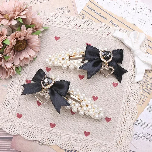 Cute Sweet Japanese Lolita Barrettes Hairpin Mine Pearl Bow Rhinestone Love Heart A Pair Of Hairclips Side Clip Hair Accessories