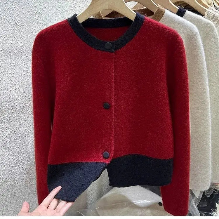 Xiaoxiangfeng Contrasting Color Sweater Jacket for Women in Autumn Winter Spring and Autumn Lazy Style Small Knitted Cardigan