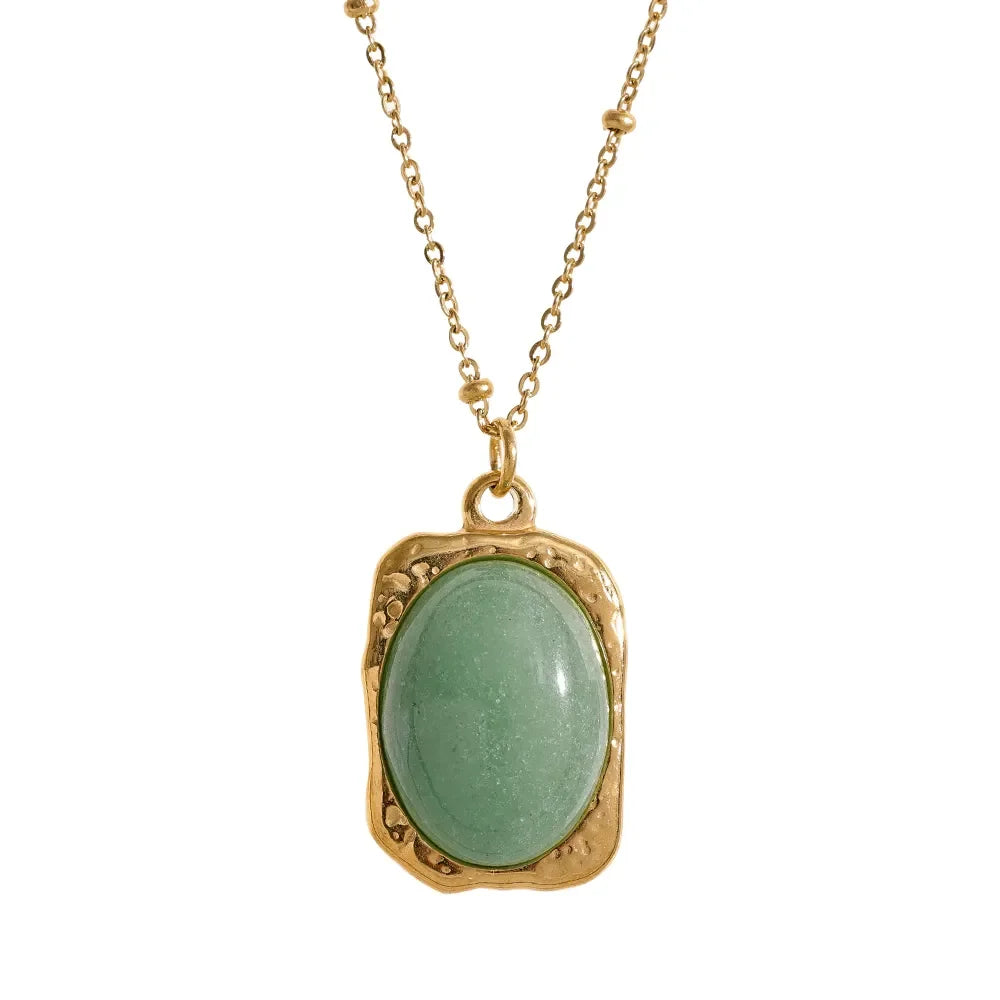 Yhpup Natural Stone Square Pendant Stainless Steel Necklace Amethyst Green Aventurine Charm Fashion Collar Jewelry  Women