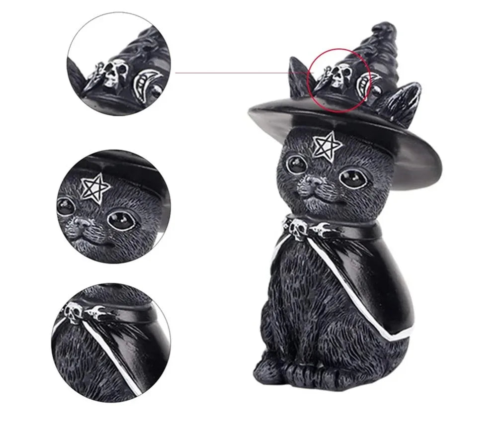 1PC Black Cat Statue Witch Gothic Decor Hand Painted Sculpture Halloween Desk Ornament Mysterious Cute Figurine Home Decor
