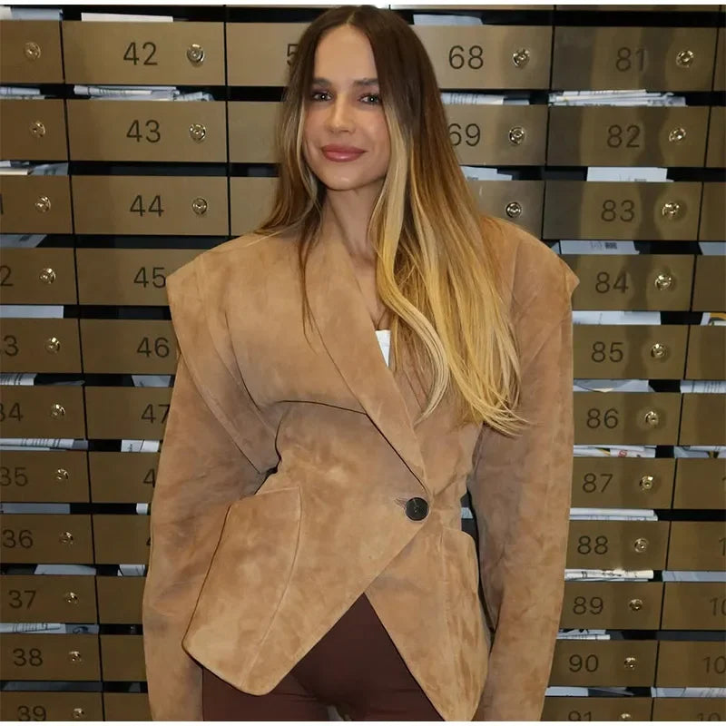 Dark Brown Suede One Button Blazer Women Long Sleeve Wide Shoulders Coat Autumn Highstreet Commute Fashion Solid Lady Outerwears