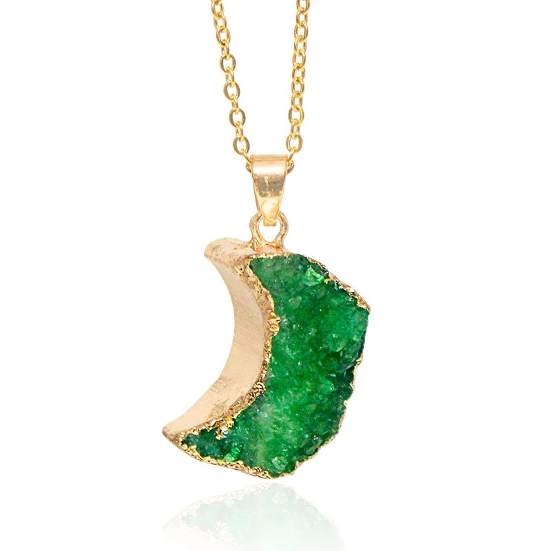 Natural Druzy Quartz Stone Moon Shape Pendant Jewelry Raw Crystal Cluster Jewelry For Women Girls Necklace Making
