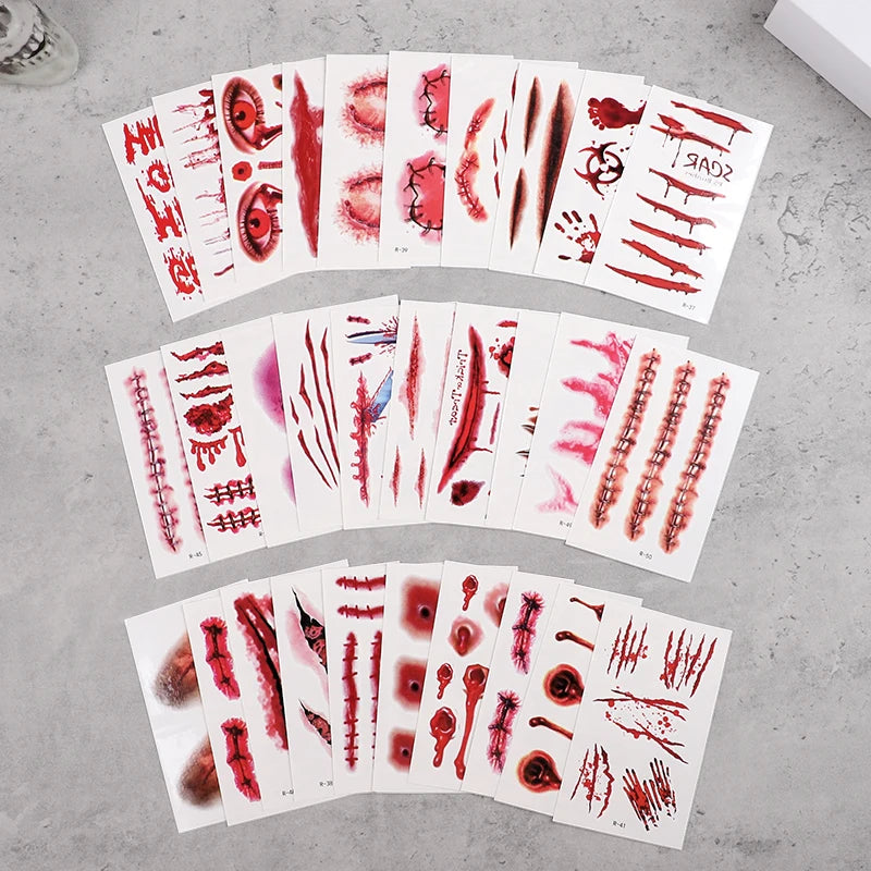 30Sheets Halloween Bloody Wound Tattoo Stickers Scary Waterproof Temporary Tattoos Halloween Party Decoration Adult Kids Gift