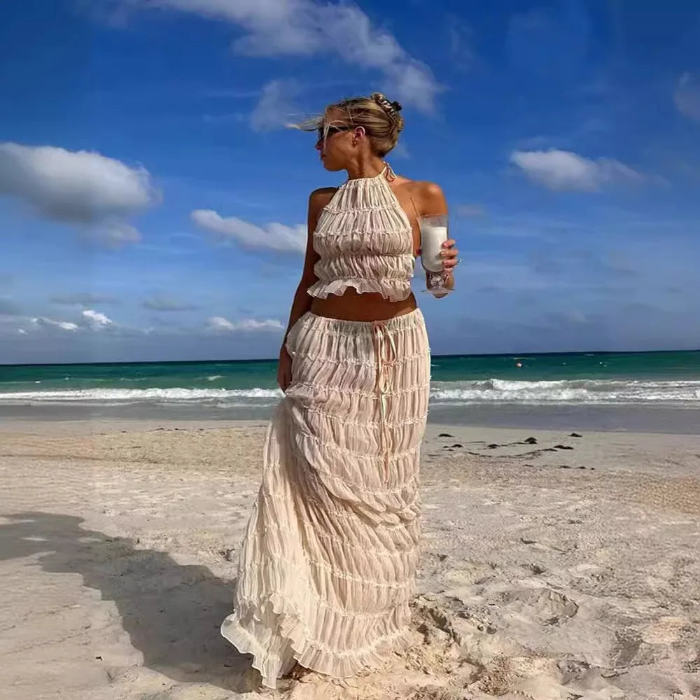 Solid Hang Neck Long Skirt Suit For Women Halter Backless Sling Top Lace Up Fold Maxi Skirt 2024 Hot Fashion Female 2 Piece Set