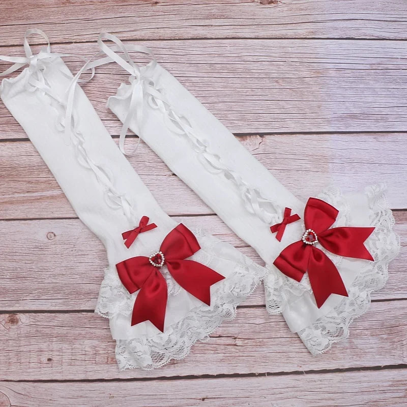 Handmade Sweet Women's Lolita Mine Lace Bow Rhinestone Oversleeves Girls Japanese Style Lace Sleeves Mittens