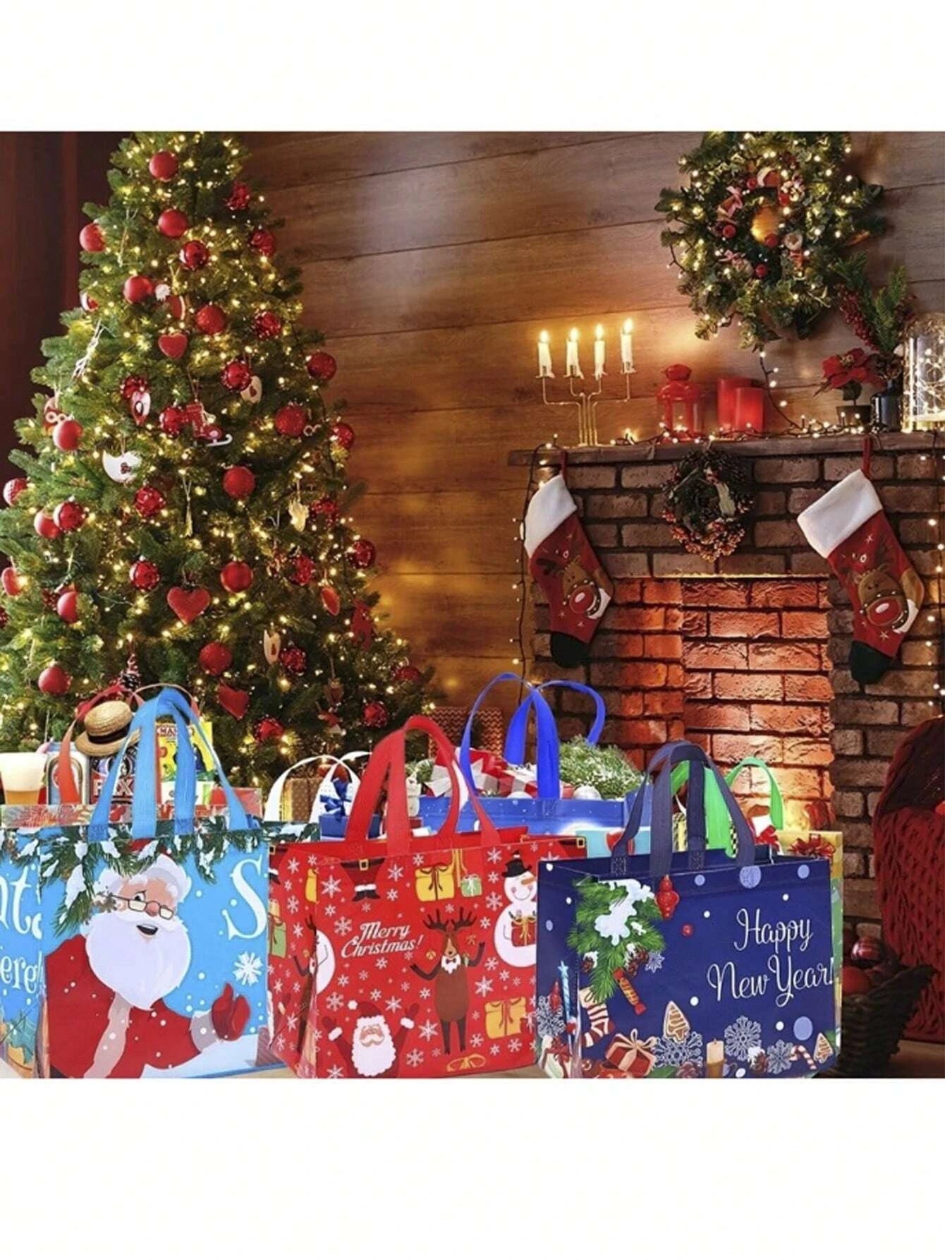 4/6PCS Large Capacity Christmas Tote Bag Portable Folding Reusable Christmas Gift Packaging Bag Foil Stamping Xmas Non-Woven Bag