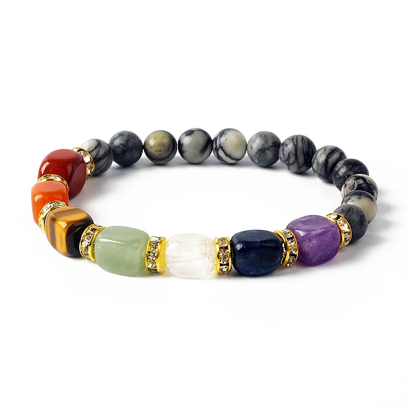 Natural Stone 7 Chakra Bracelets Reiki Healing Energy Hematite Tiger Eye Beaded Elastic Bracelets for Women Girls Yoga Jewelry