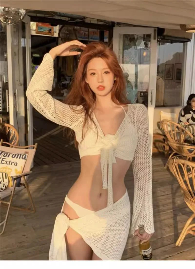 Sexy 4 Piece Lace Up Bikinis Set Women Swimsuit Solid Long Sleeve Cover Up with Skirt Swimwear New Push Up Bathing Suit Bikini