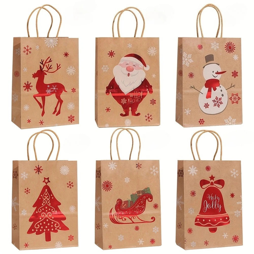 Festive Christmas Gift Bags - 20.5cm x 14.99cm x 7.98cm Brown Kraft Paper Tote Bags with Holiday Designs Christmas paper bag
