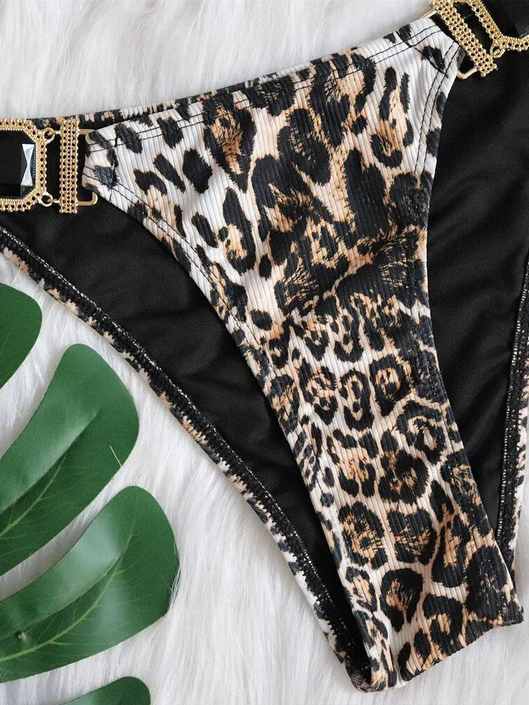 Ribbed Leopard Bikinis Diamond Bikini 2025 Women Swimwear Female Swimsuit Two-pieces Bikini Set Halter Bathing Suit Swim Lady