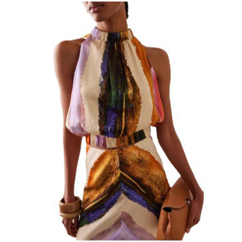 Painterly Print Satin Co-ord Set Sleeveless High Neck Crop Top Slim Fit Maxi Skirt Women's Elegant Chic Party Evening Outfit