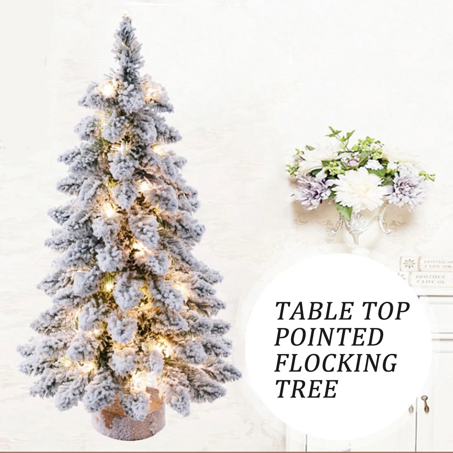 Christmas Tree Tabletop Figurine Snow Flocked with LED Lights Home Table Desk Decor Warm Christmas Gift Ornament  Artificial