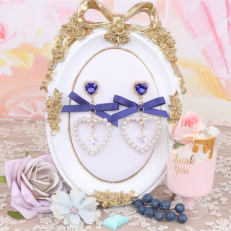 Dainty Japanese Style Women's Bow Earing Sweat Pearl Heart Earings Rhinestone Pendant Heart Earrings Accessories for Girl