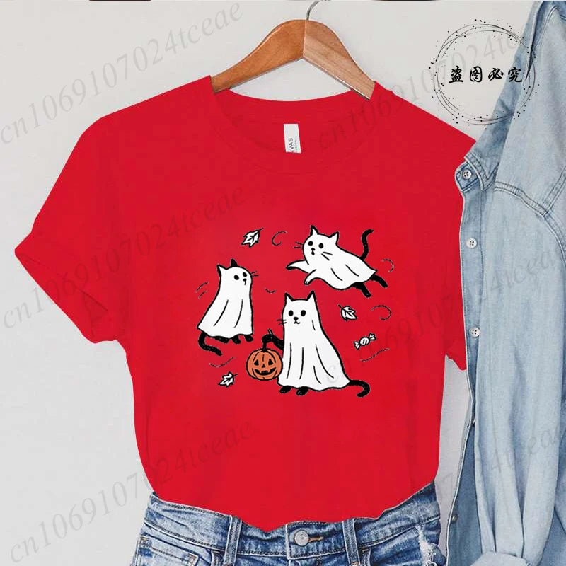 New Fashion Ghost Cat T-Shirt Tops Womens Vintage T-Shirt Funny Spooky Halloween Classic T-Shirt Tops Women's Tees Streetwear