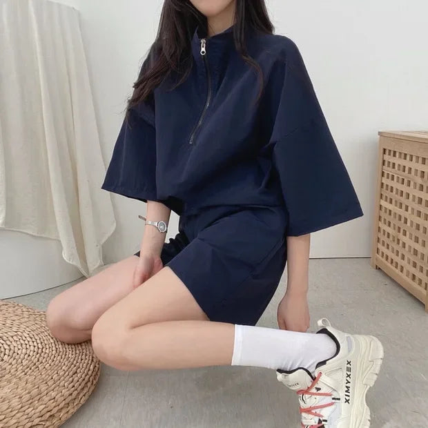 Korean Style Women's Summer Casual Sports Sun Protection Suit Two-Piece Set Workwear Jacket Shorts Polyester Fiber