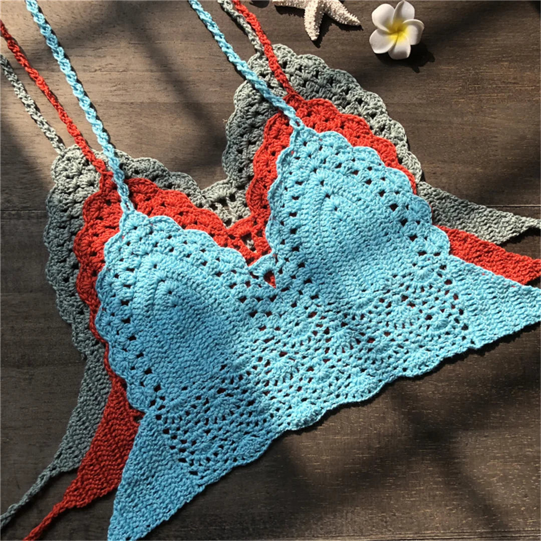 S - XL 9 Colors Crochet Knitted Bikini Top Female Swimsuit Women Swimwear Bather Bathing Suit Swim Hollow Out Beach Top V4193