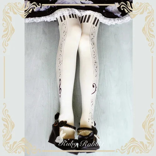 Original Design Girls Lolita Pantyhose Piano Printing Stockings Spring and Autumn Japanese Style Female Cotton Tights Socks