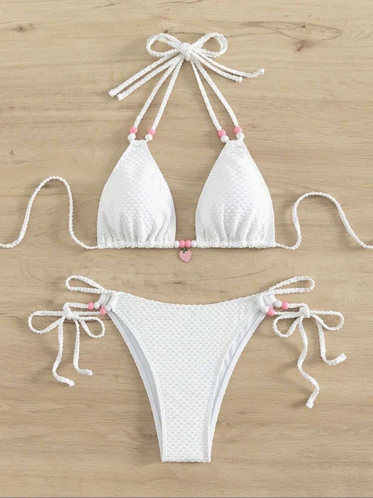Sexy Pink Bikini 2024 Swimsuit Women White Pearl Strap Push Up Micro Swimwear Brazilian Bathing Suit Tie Side Thong Bikinis Sets