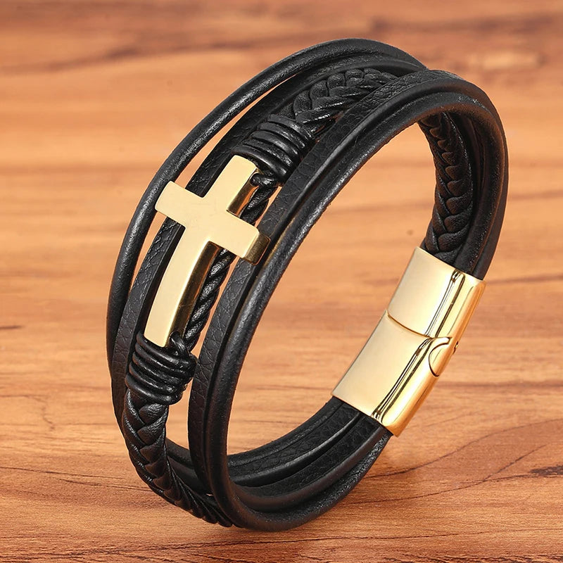 Men's Cross Bracelets Luxury Design Stainless Steel Bangles Classic Leather Bracelet Men Accessories Wrist Band Male Gift