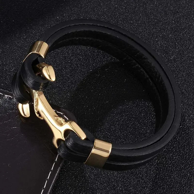 Trendy Man Jewelry Accessories Black Leather Bangles Stainless Steel Anchor Charm Bracelet Men Handmade Leather Wristband SP0757