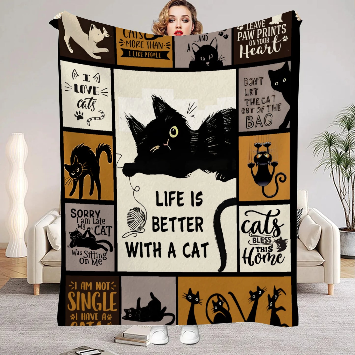 1pc Blanket Lovely Black Cat 3D Print Smooth Flannel Blanket for Home Living Room Bedroom Decor New Year Christmas Gift