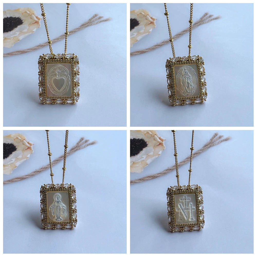 Natural Mother Pearl Shell Virgin Mary Guadalupe San Benito Charm Necklace Rectangle Religious Medals Necklace for Women & Gift