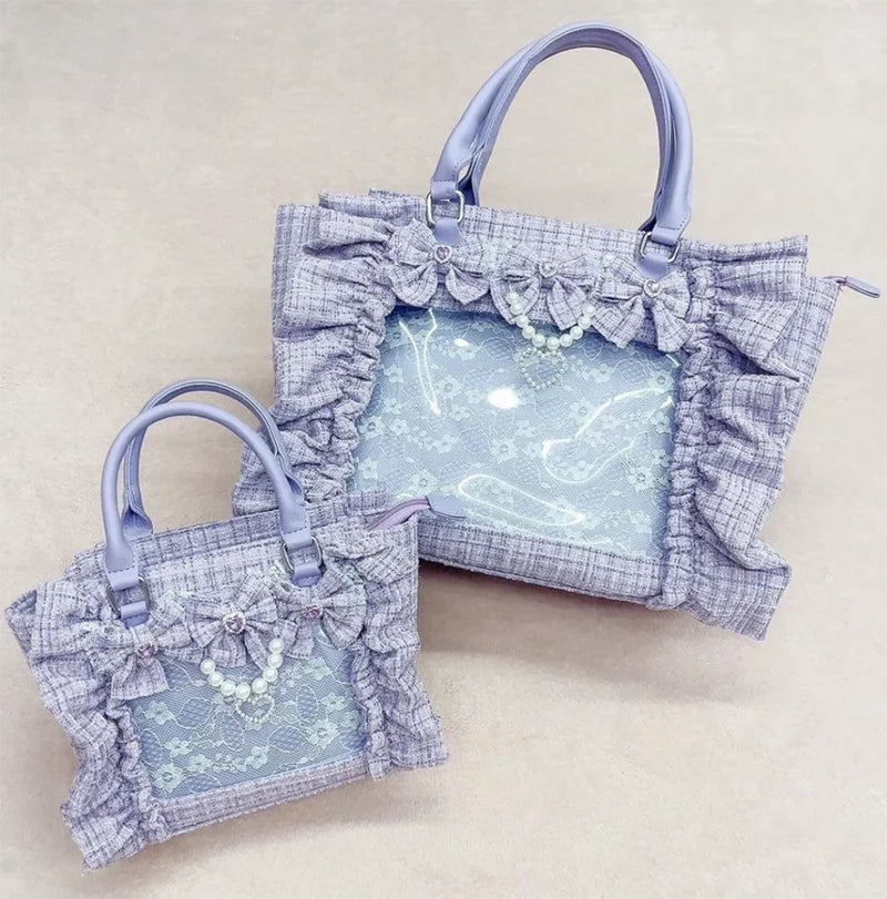Japanese Style Mine Ita Bag Ruffled Lace Women Girls Rhienstone Pearl Bowknot Square Tote Shoulder Portable Bolso Handbags