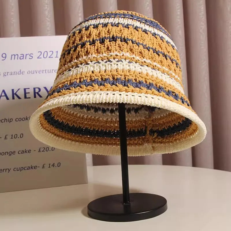 Summer Hollow Knitted Hollow Fisherman Caps Sun Protection Straw Bucket Hat Breathable Crochet Beach Cap Wide Brim Sun Hat