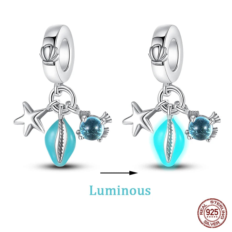 New 100% 925 Sterling Silver Ocean Luminous Sea Turtle Dolphin Octopus Charms Beads Fit Qikaola Original Bracelets DIY Jewelry