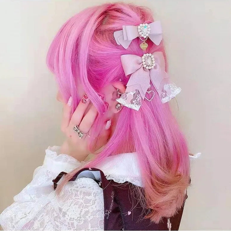 Japanese Sweet Cute Handmade Rhinestone Bow Hairpin Pearl Lace Hairclips Lolita Women Girls Side Clip Bag Pendant Handbag Charms