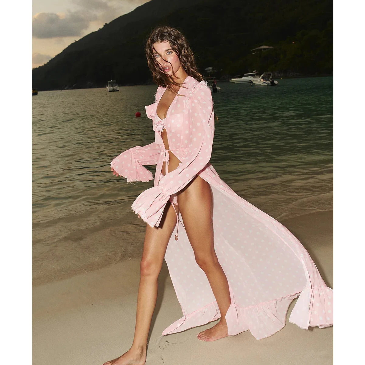 Pink Dot Print Cover-Ups Bikinis 2025 Sexy Women Swimsuits Swimwear Female Bikini Set Bathing Suit Swimming Suits Mesh Dress