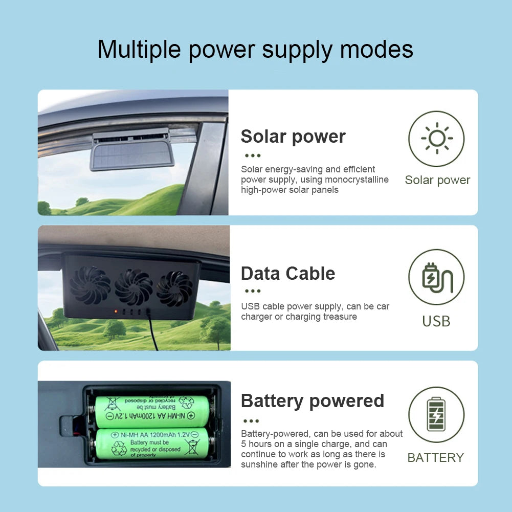 Solar Powered Car Radiator Cooling Fan with 3 Air Outlets Car Window Air Vent Fan USB Powered Auto Ventilation Fan for All Cars