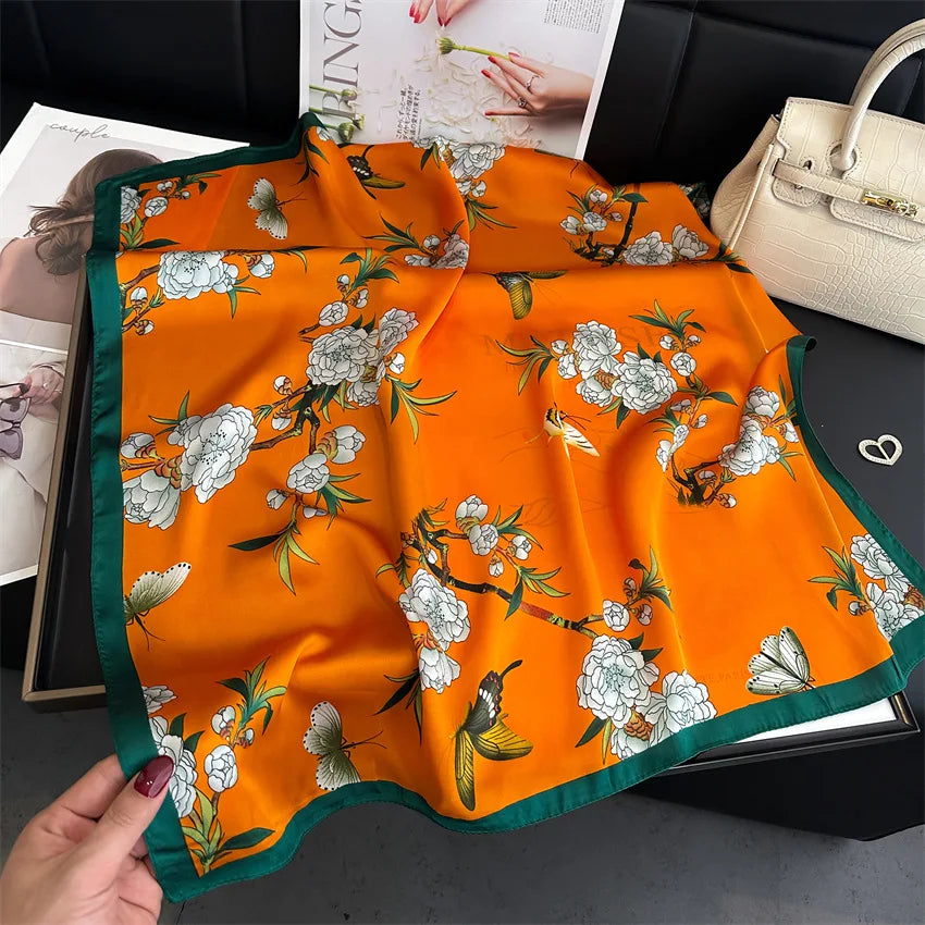 Imitated Silk Headcloth Fashion Flower Print Square Shawls Popular 70X70cm Bandanna Kerchief Sun Protection Silk Scarves Tie Bag