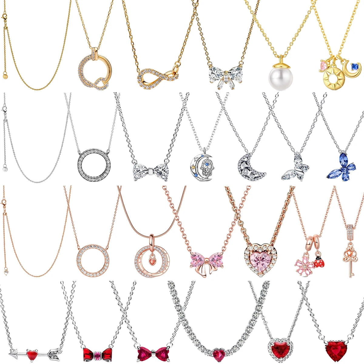 Hot Sale Original 925 Sterling Silver Colorful Bow Tie Necklace Red Heart Pendant Round Necklace Classic DIY Fine Christmas Gift