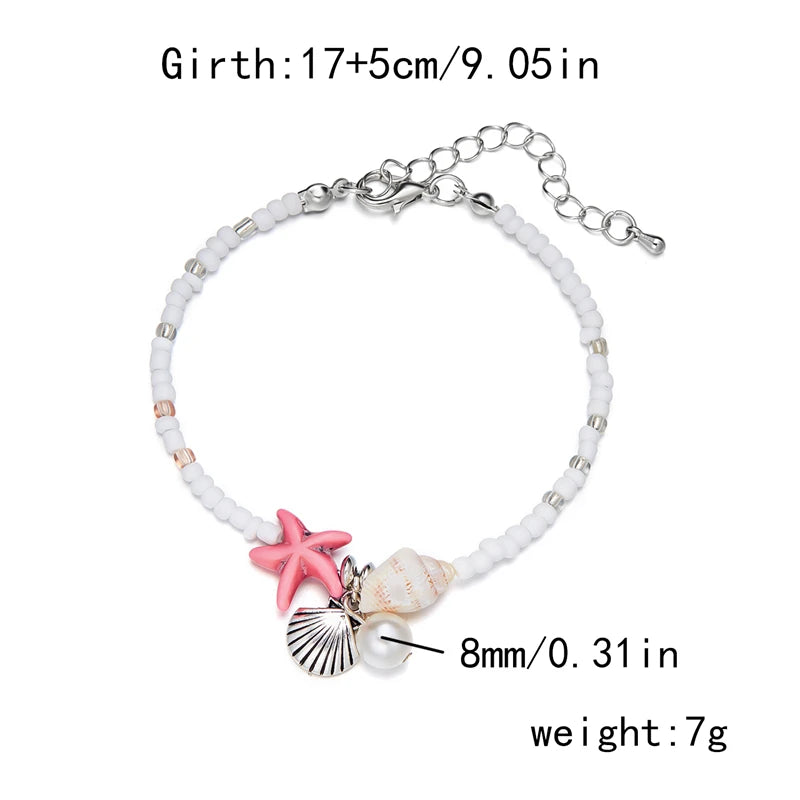 Boho Starfish Conch Bracelet Anklets for Women Cute Adjustable Shell Rice Beads Ankle Bracelets Girls Summer Foot Beach Jewelry