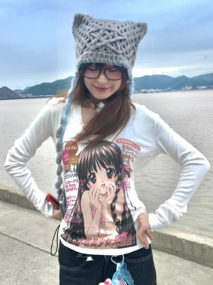 Cute T Shirt Women's Clothing Long Sleeve Slim Waist Anime Tees Y2k Tops 2025 Ropa Mujer Casual Fashion Japanese T-shirts 63c405
