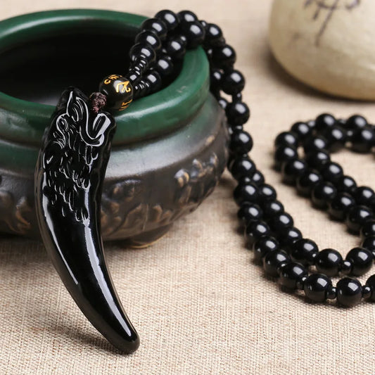 Retro Ice Obsidian Wolf Tooth Pendant for Men Couple Necklace Natural Energy Stone Crystal Amulet Sweater Chain Necklace Jewelry