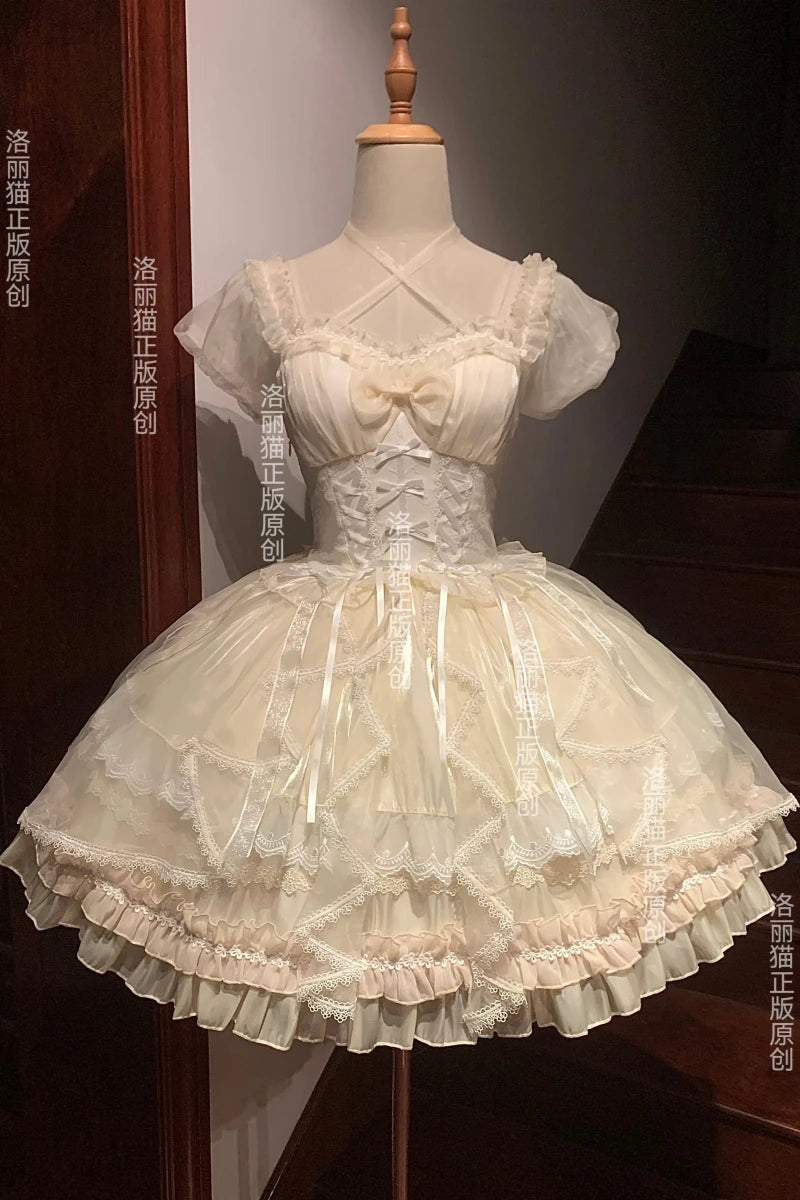 Lolita Sweet Girl Princess Dress Spring and Summer Off Shoulder Women's Short Sleeve Slim OP/JSK Short Ball Gown Dress