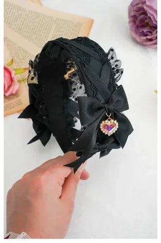 Lolita Hairband Lace Bow New Headwear Sweet Heart Shape Rhinestone Pendant Headband Japanese Style Hair Accessories for Women