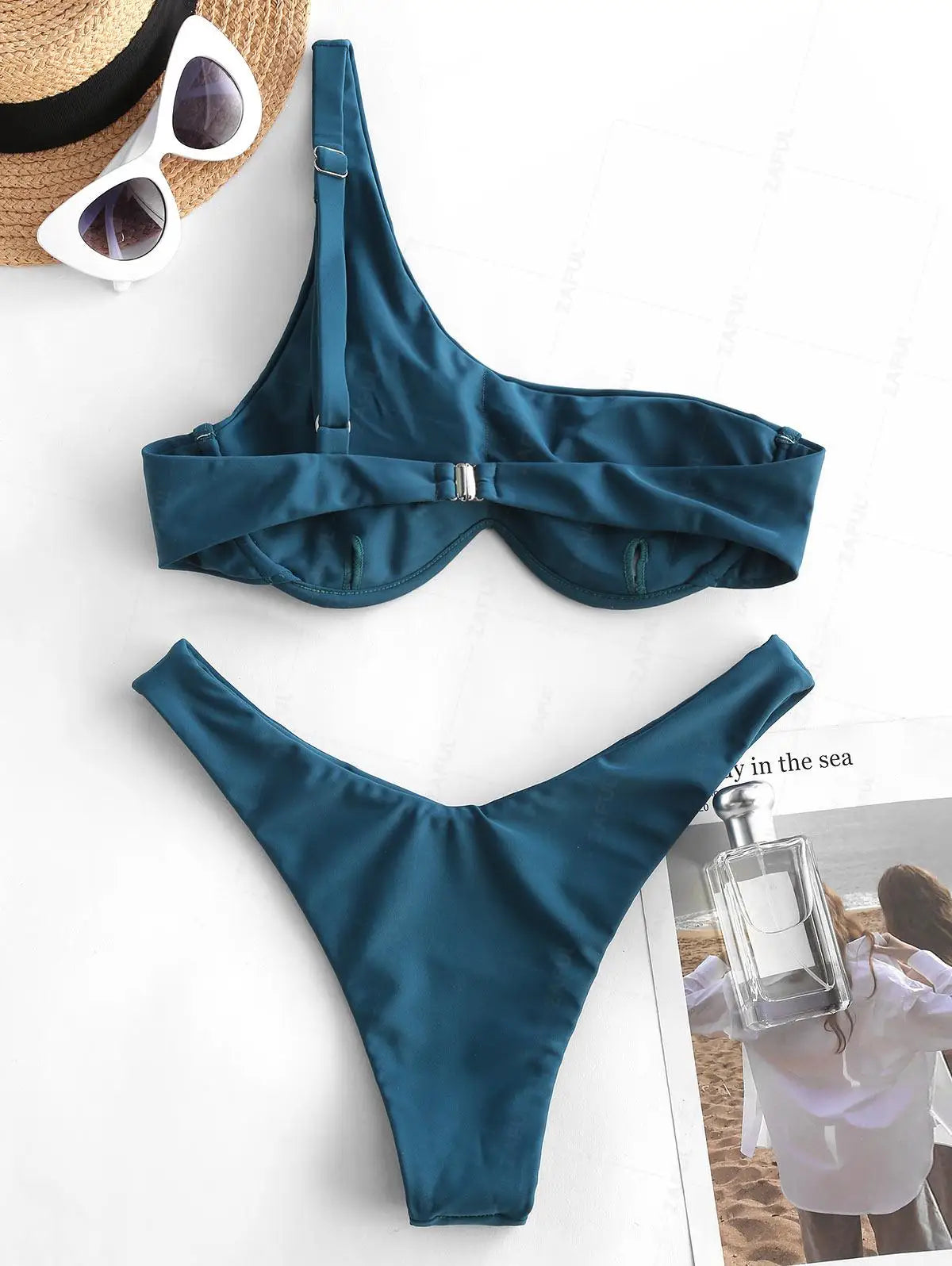 ZAFUL Bikini Set Textured One Shoulder O-ring Swimwear Women Beachwear Bathingsuit Removable Pads Wire Free Bather Swimingsuit