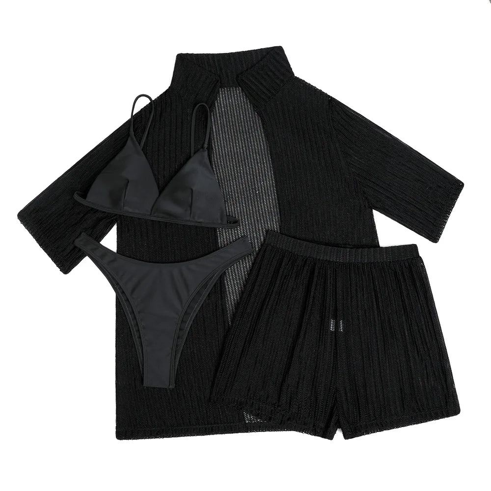 Summer 4 Piece Bikinis Sets Women Black White Mesh Half Sleeve Cover Up with High Waist Panties Swimsuit Bathing Suit Swimwear