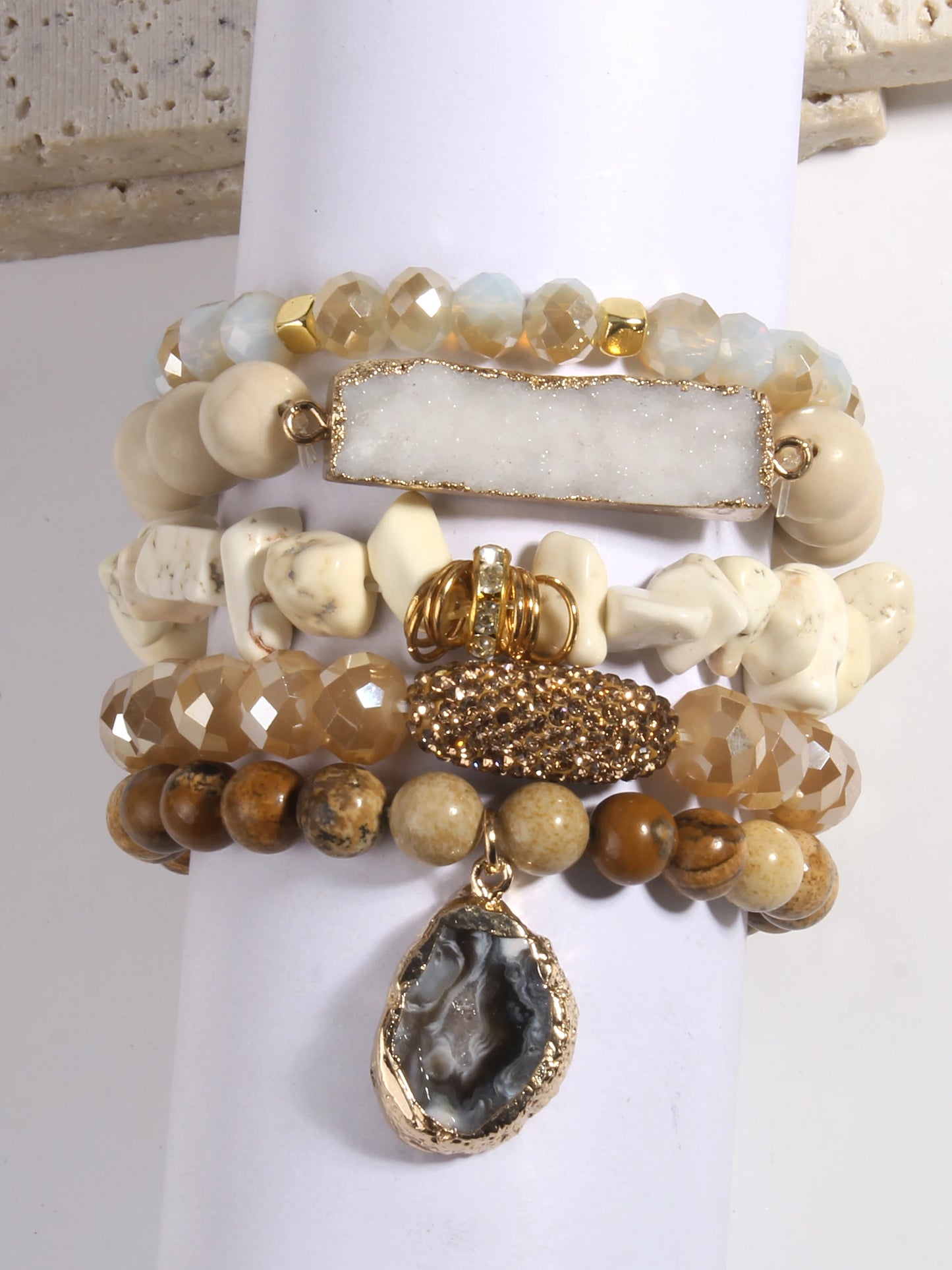 Fashion Designer Gemstone Crystal Glass Beaded Bracelet Sets Druzy Charm 5pc Stack Bracelet Bracelets Set For Women Jewelry Gift