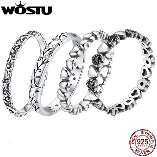 WOSTU European 925 Sterling Silver Simple Rings For Women Wedding Engagement Heart Rings With Zircon Original Female Jewelry