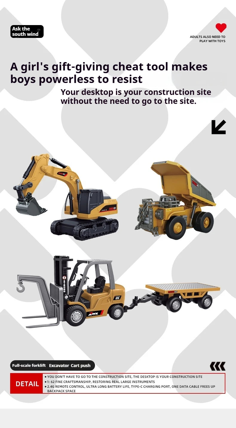 1/64 RC Car Alloy Mini RC Forklift Engineering Vehicle 2.4G Full Scale Mobile Phone RC Excavator Dumper Christmas Gift In stock