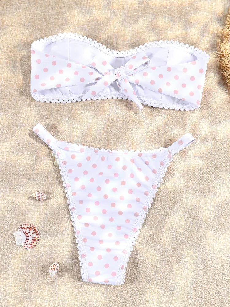 Solid Bikini Set Bow Swimsuit Sexy Swimwear Women Low Waist Bikinis Off Shoulder Swimsuits Two Piece Suit Biuqini Beach Wear