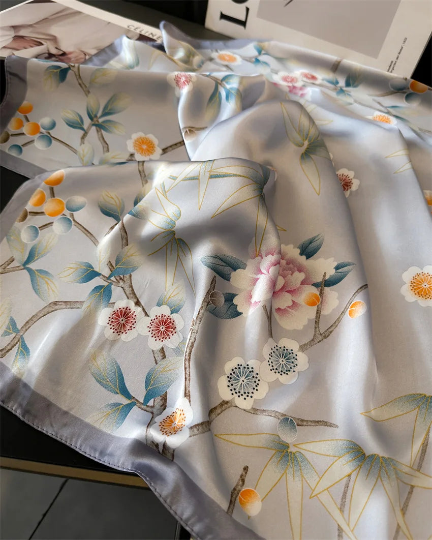 Imitated Silk Headcloth Fashion Flower Print Square Shawls Popular 70X70cm Bandanna Kerchief Sun Protection Silk Scarves Tie Bag